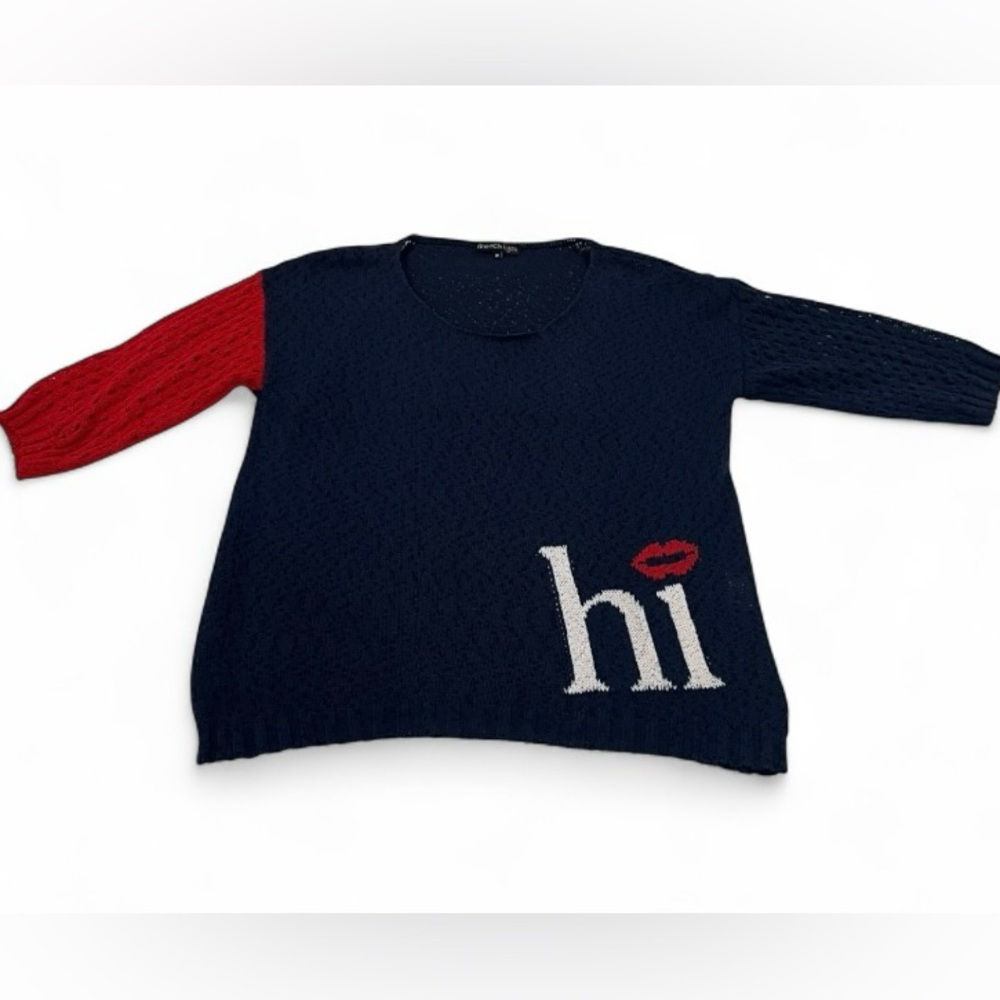 French Kyss Sweater Navy Red Sweater with 'Hi'  ‘Bye’ Design Size M